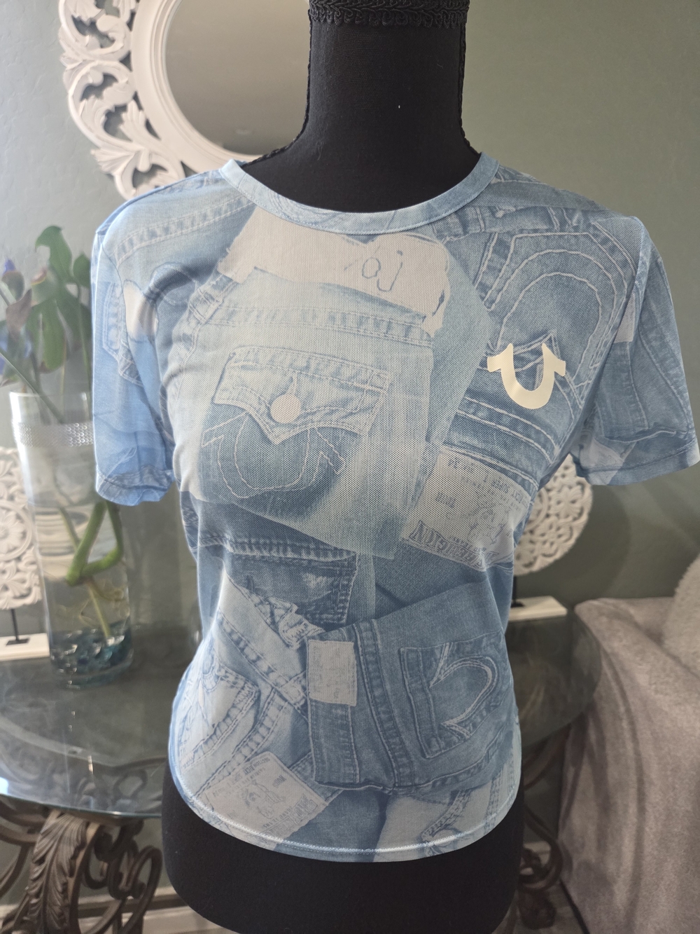 True Religion Light Blue Denim Sheer Collage Tee with White Logo